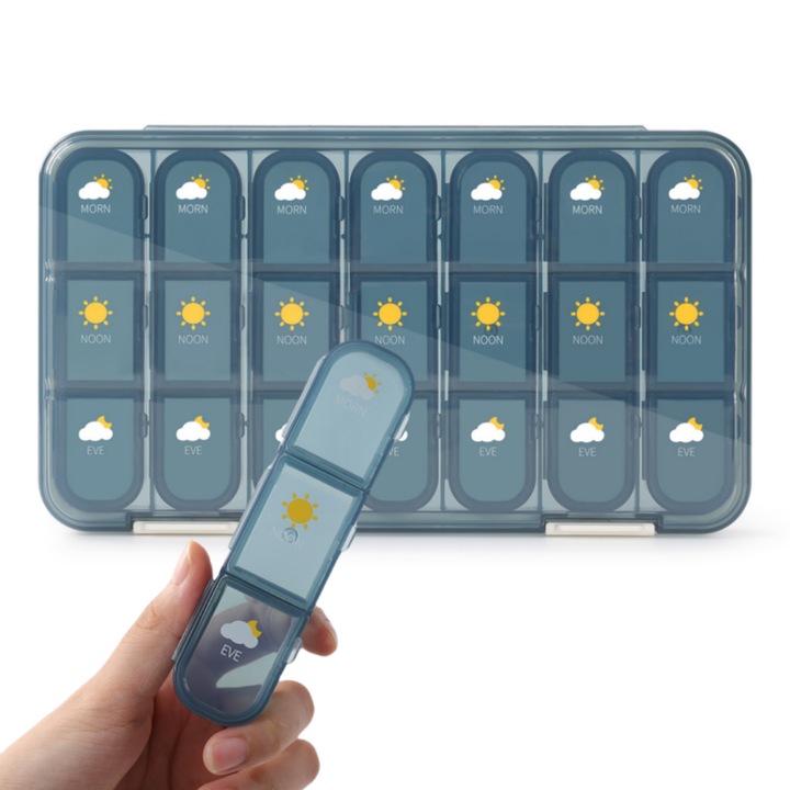 Cutie pastile, organizator medicamente, 7 zile, Interior cu 7 organizatoare individuale, 3 compartimente per cutie, Recipiente Detasabile, 23.2x13.2x3 cm, Portabila, Plastic, Large capacity, Depozitarea obiectelor mici, Albastru