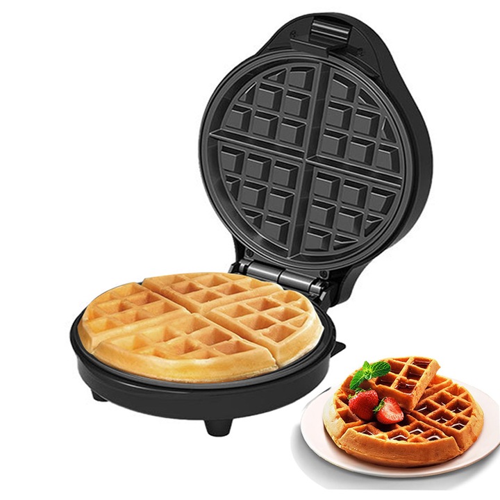 Aparat pentru preparat vafe/Waffle maker, Sokany, 750W, 4 vafe, cu invelis antiaderent, buton reglare temperatura, Indicator luminos, Usor de curatat, Negru/Argint