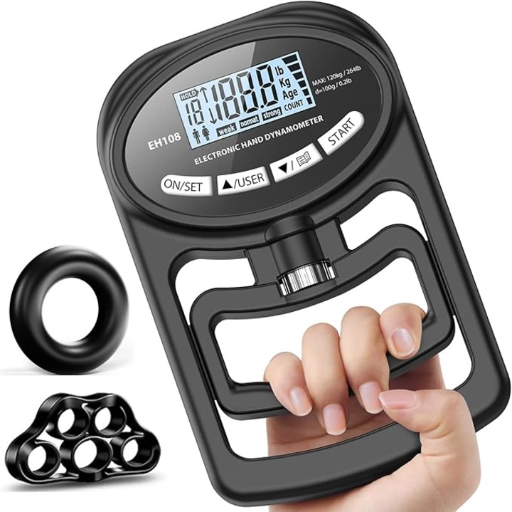 Dinamometru digital, afisaj LCD, memorie 19 inregistrari, dimensiune reglabila, se potriveste tuturor marimilor mainilor, cu flexor de antebrat incarcat cu arc, 120 kg (265lbs), reincarcabil USB, pentru sport, acasa si scoala, negru