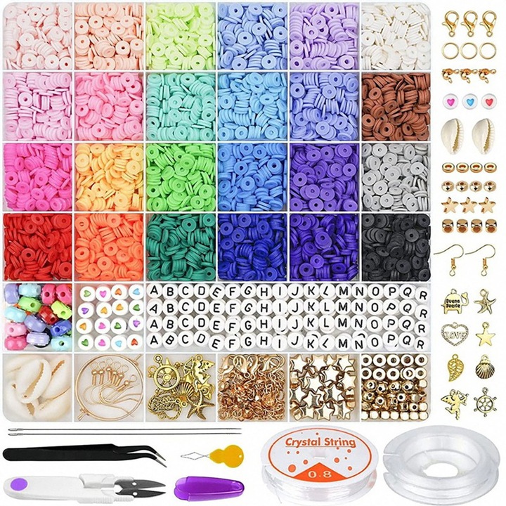 Set de margele pentru bratari, SINBINTA, Set de bratari pentru bijuterii creative, 24 de culori, Multiple forme, Accesorii incluse, Exerseaza imaginatia si abilitatile practice, Pentru baieti si fete, 3 ani+, Plastic, 23 x 19 x 2cm, Multicolor