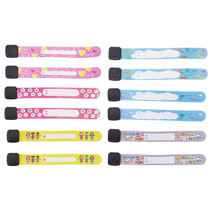 Set 12 bratari identificare copii, SINBINTA, Lungime reglabila, Impermeabil, Reutilizabile, Usor de folosit, Inscriptionabile, nume, numar telefon, Anti pierdere, Refolosibile, Pentru baieti si fete, PVC, 19 x 2.5cm, Multicolor