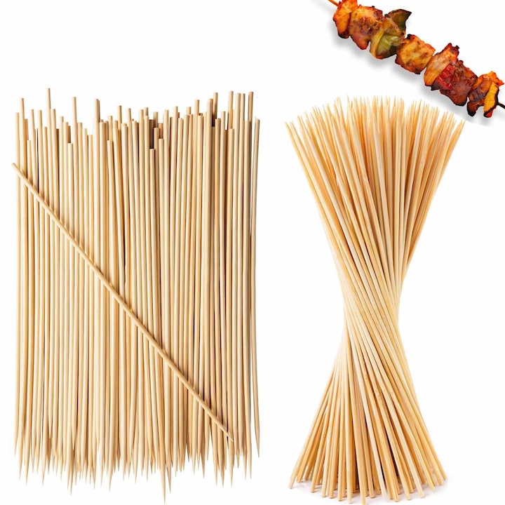 Set 200 bete din lemn pentru frigarui, SINBINTA, Bete frigarui, Bambus natural, De unica folosinta, Utile pentru prepararea frigaruilor, Biodegradabile si sigure pentru uz alimentar, Pentru frigarui, gratar, fondue sau kebab, 3*200mm/3*250mm, Bej