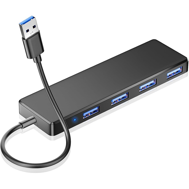 USB 3.0 хъб, Rqiurpn, 4 порта, многопортов адаптер със защита от пренапрежение, ултра тънък дизайн, черен