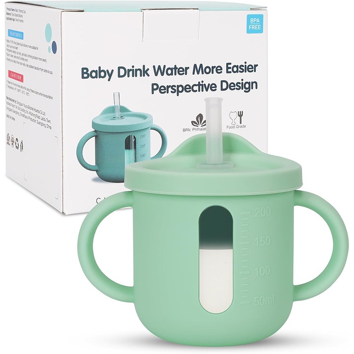 Rqiurpn Multifunkciós szilikon pohár babáknak és gyerekeknek, 200ml, zöld, 4+ hónapos kortól