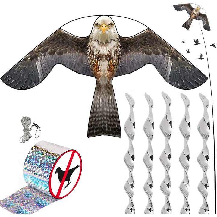 Комплект хвърчила за отблъскване на птици, 138x78см, с поддръжка от фибростъкло, включва отразяваща лента и отблъскващи висулки.