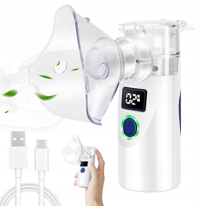 Aparat Aerosoli, Nebulizator Portabil Ultrasonic, 2 niveluri de ceata, Tehnologie Mesh, Display Digital, Silentios, Incarcare duala, 1 Masti pentru copii, 1 Masca pentru adulti, 1 Mustiuc, Husa depozitare