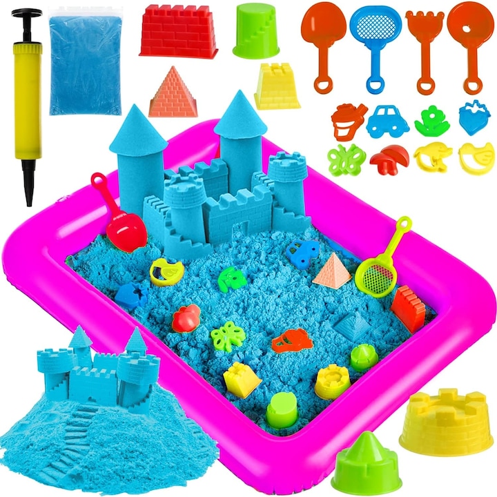 Set Magic Sand — joc interactiv, trambulina gonflabila, 1 kg nisip kinetic, 14 forme, roz/verde