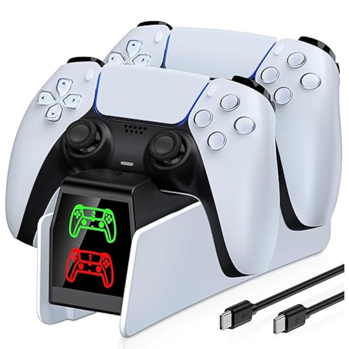 PS5 kontroller töltőállomás, két kontrolleres tartó, LED jelzőfények, USB C kábel mellékelve