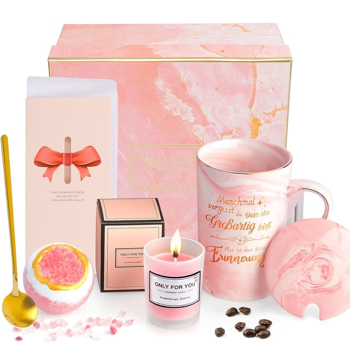 Комплект подаръчна кошница за жени, Термос чаша от неръждаема стомана, бомбички за баня, ароматна свещ, подаръци за рожден ден за жени, Свети Валентин, Подарък за Деня на жената, 1, 8 март, Коледа, Великден, Елегантна кутия