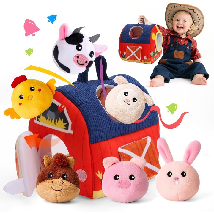 Интерактивна играчка за бебета, Хамбар изненада с пълнени селскостопански животни, шумяща хартия, огледало, Монтесори играчки за 1-3 години