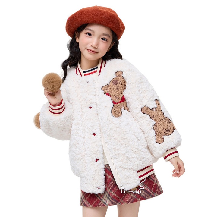 Geaca Blanita Alba pentru Fetite - Bumbi Detasabili, Ursuleti Brodati, Captuseala Termica, Marime 120