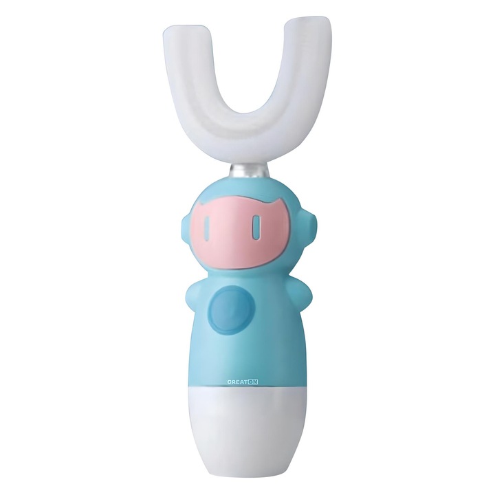 GREATON U alakú elektromos fogkefe gyerekeknek, 3-12 éves korig, 360 fokos tisztítás, élelmiszeripari szilikon fej, elemes, kék/rózsaszín