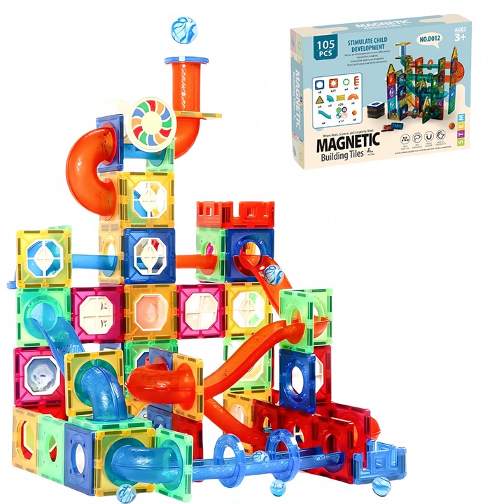 Set de constructie cu placi magnetice, RorAem, set de Constructie Magnetic include 105 de Piese, 3 ani +, numeroase Posibilitati de Construit Creativ, jucarii educationale pentru copii, Dezvoltarea Abilitatilor Motrice si a Imaginatiei, multicolor