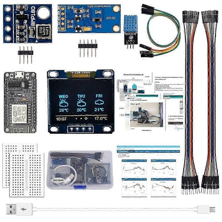 Kit statie meteorologica cu senzori de temperatura, umiditate si presiune atmosferica, display OLED 0.96, pentru incepatori IoT