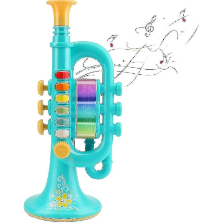Trompeta muzicala pentru copii, 14 melodii, 6 ritmuri, LED colorat, 26x12x10cm, albastra