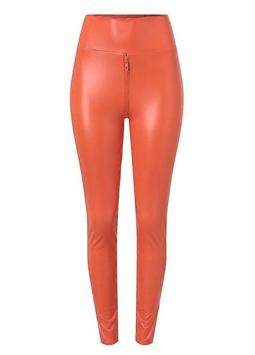 Pantaloni dama, imitatie de piele, guler U, talie elastica, portocalii, material elastic, L INTL