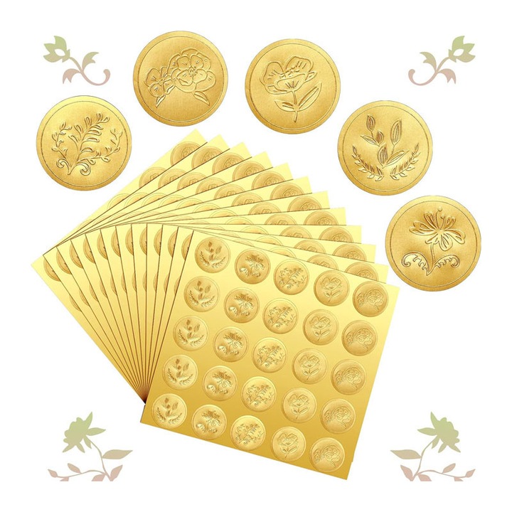 Dombornyomott Borítéklezáró Matrica Készlet, Rqiurpn, Retro Dombornyomott Pecsétek, 5 Stílus, Esküvői Meghívókhoz és Borítékokhoz, Arany, 500 db-os