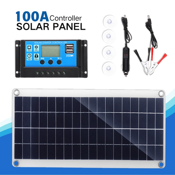 Kit panouri solare, incarcator solar portabil cu controler de 100A, statie de energie solara pentru marina, masina, rulota, camping, barca, auto