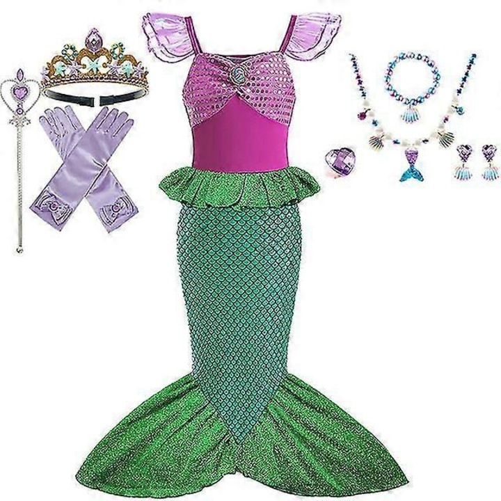 Costum de printesa pentru fete, set 10 piese, tema sirena, multicolor, marimi 3-10 ani