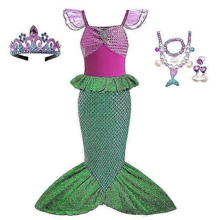 Costum de printesa pentru fetite, set 7 piese, tema sirena, multicolor, marimi 3-10 ani