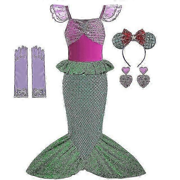 Costum de printesa pentru fete, set 6 piese, tema sirena, 7-8 ani, multicolor, 140 cm