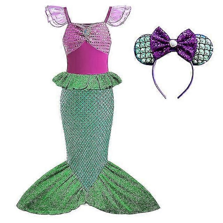 Costum de printesa pentru fete, set 2 piese, tema sirena, 7-8 ani, multicolor, marimea 140