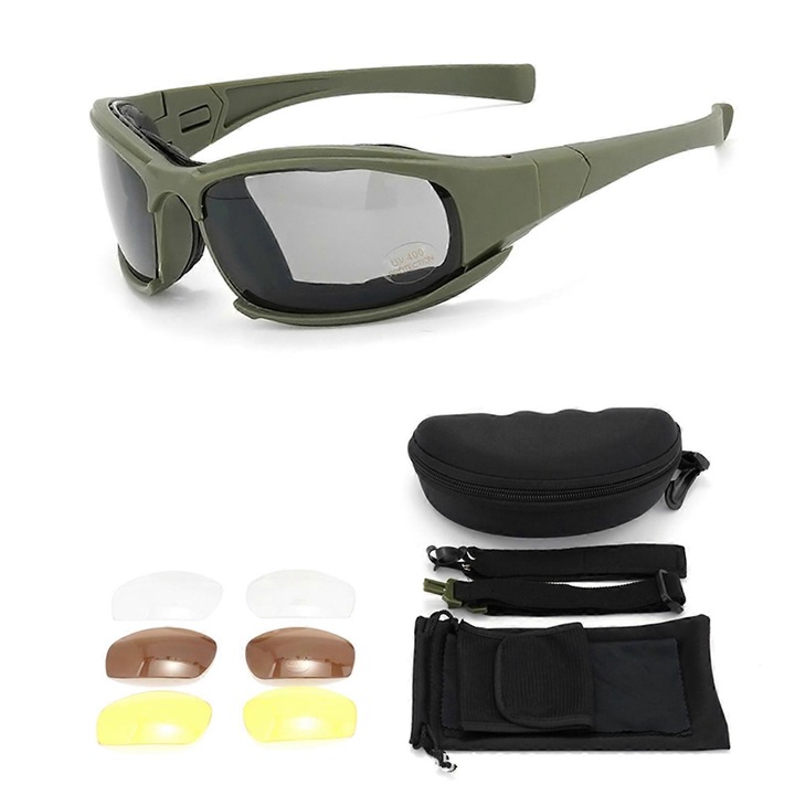 Ochelari de protectie pentru motocicleta, UV400, design windproof, verde militar, set 1pcs