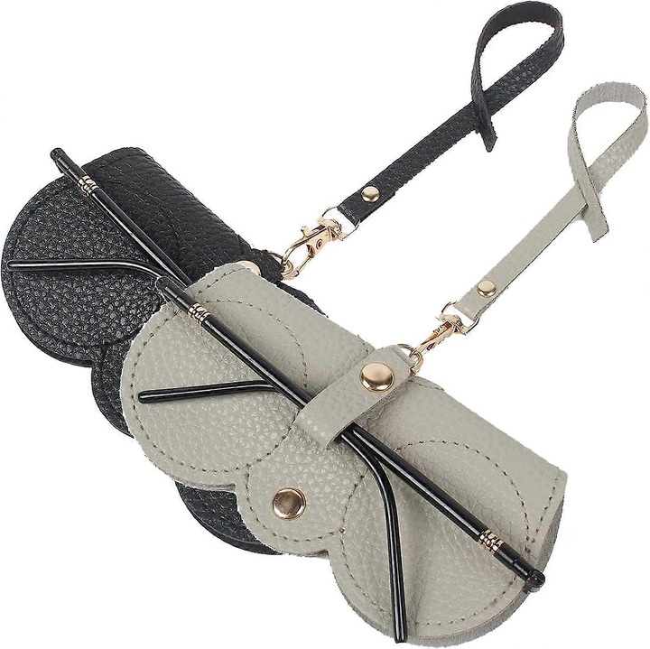 Geanta pentru ochelari din piele PU, set de 2, design portabil, inchisa cu fermoar, neagra si gri