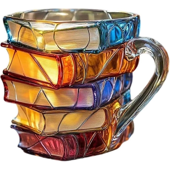 Cana 3D din sticla borosilicata, design carti, set 2 bucati, 350ml, multicolor