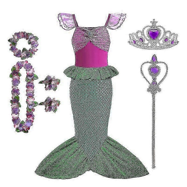 Costum de printesa pentru fete, set 4 piese, tema sirena, multicolor, marimi 3-10 ani