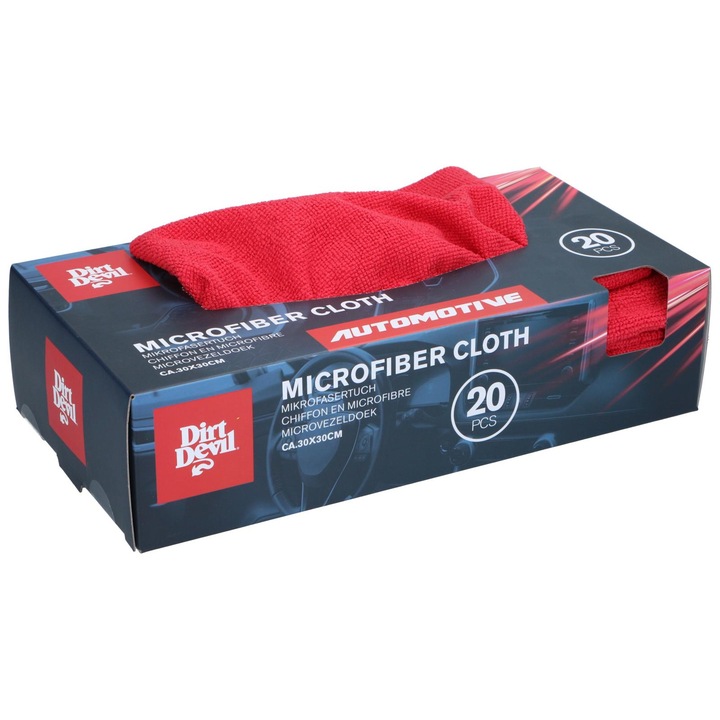 Set 20 lavete auto, Dirt Devil, microfibra, refolosibile, 30x30 cm, rosu