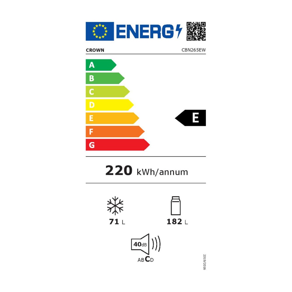 Combina frigorifica Crown CBN265EW, Total No Frost, Control digital, Iluminare LED, 253 l, H 180 cm, Clasa E, Alba