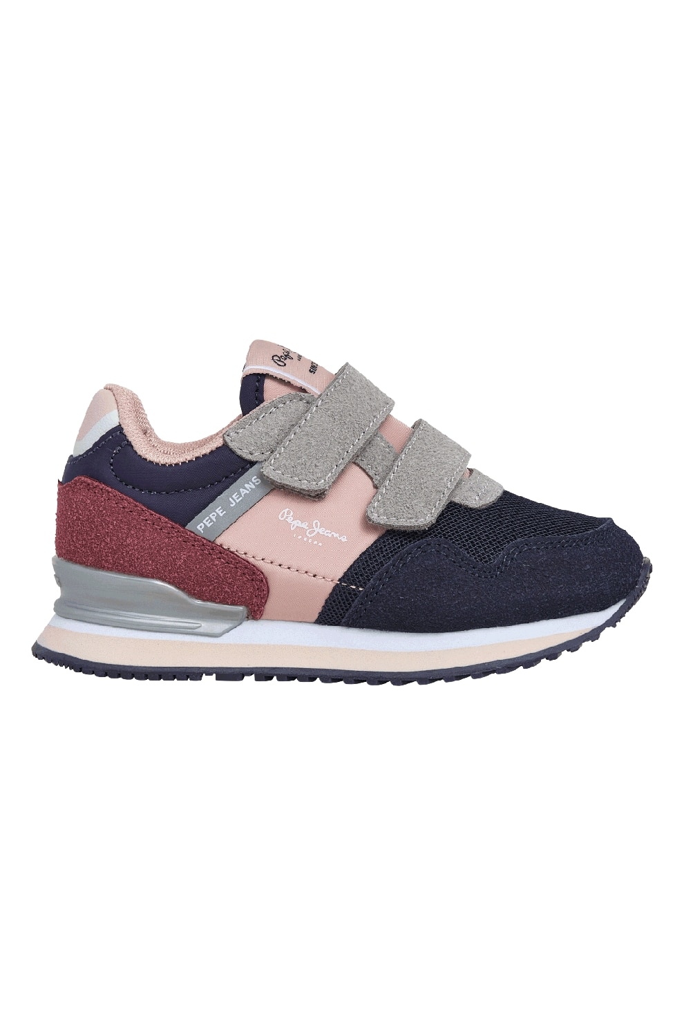 Pepe Jeans London, Pantofi sport cu velcro si logo, Roz pastel, Gri cenusiu, Bleumarin, 31 EU