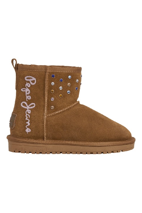 Pepe Jeans London, Ghete slip-on din piele intoarsa, Caramel/Argintiu