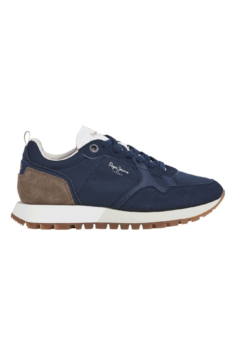 Pepe Jeans London, Pantofi sport cu talpa wedge si garnituri din piele intoarsa, Maro inchis/Bleumarin
