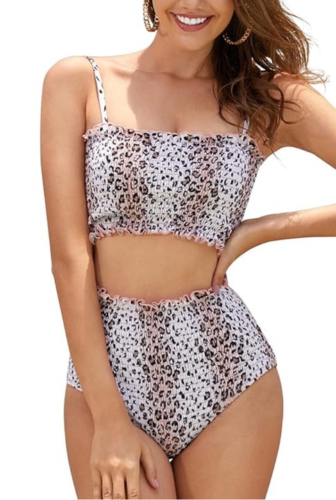 Costum de baie din doua piese pentru femei, model bandeau, cu talie inalta si efect de modelare, SHEKINI, roz, marime S