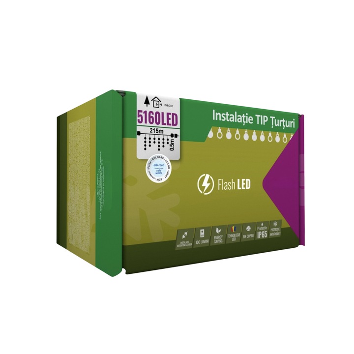 Instalatie Craciun Profesionala de Exterior IP65, 215 m, 5160 Led-uri Mari, Franjuri, Alb Rece, Flash, Alimentator, Interconectabila, Fir Negru Cauciucat, 220v, Pentru Casa si Gradina