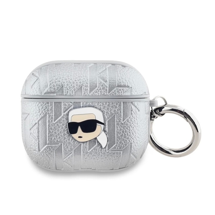 Karl Lagerfeld PU domborított Karl Head tok AirPods 3 készülékhez ezüst