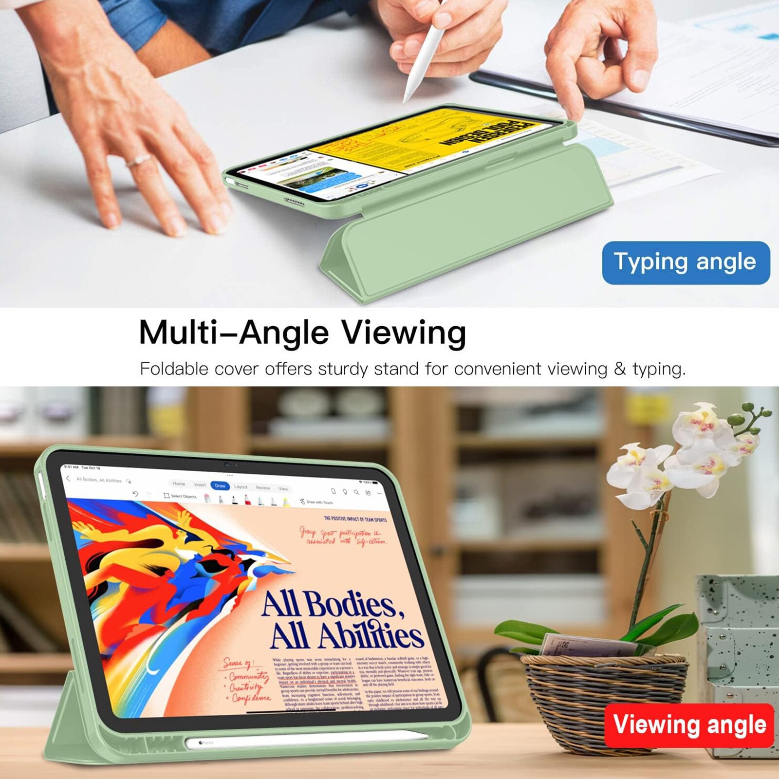 Husa pentru tableta AYSTOAYS®, compatibila cu iPad10 10.9 inch 2022, cu tava pentru stilouri, Tip carte, Silicon, cu functie auto wake/sleep, Verde deschis