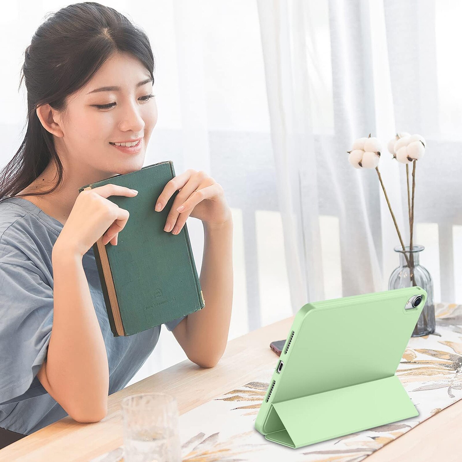 Husa pentru tableta AYSTOAYS®, compatibila cu iPad10 10.9 inch 2022, cu tava pentru stilouri, Tip carte, Silicon, cu functie auto wake/sleep, Verde deschis
