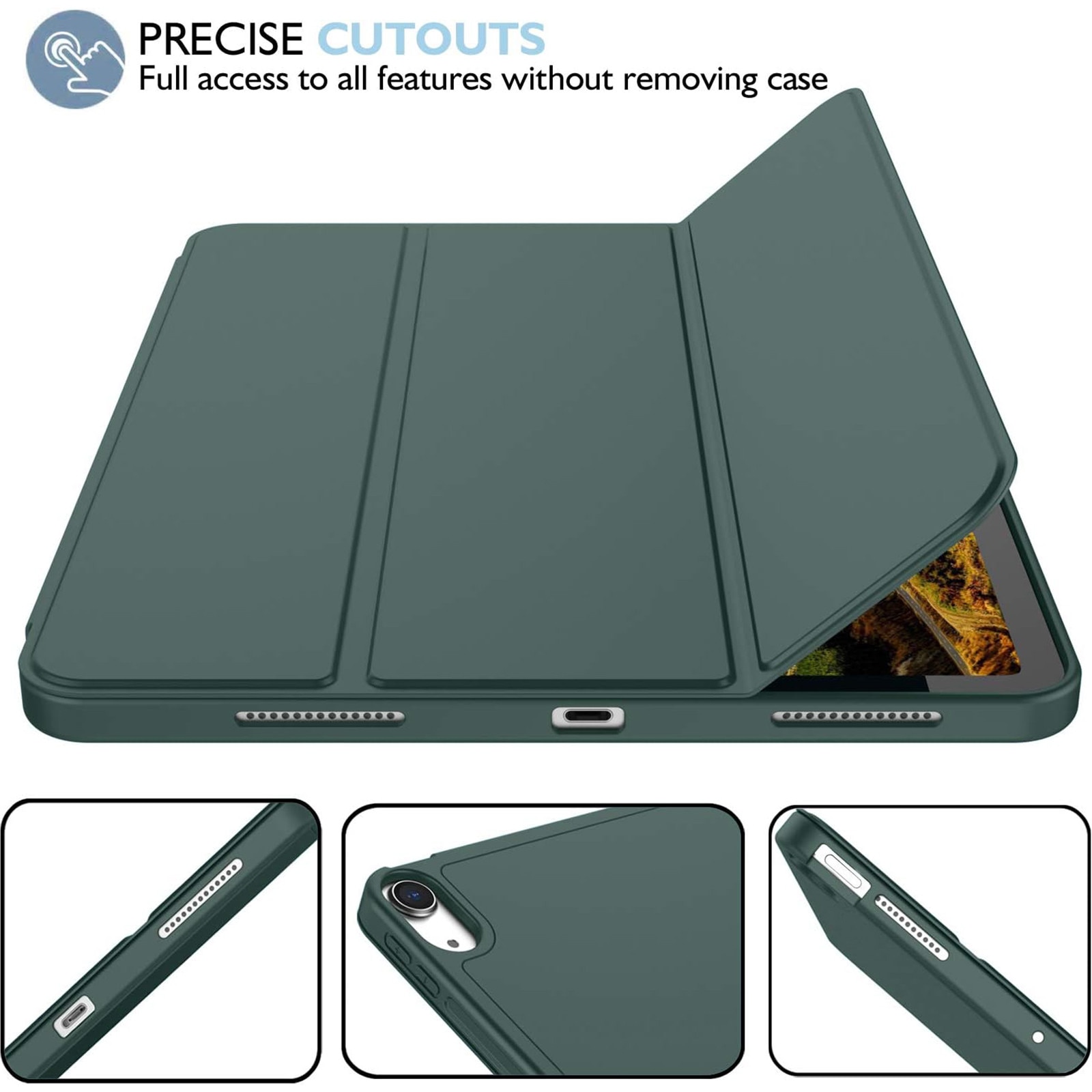 Husa pentru tableta AYSTOAYS®, compatibila cu iPad10 10.9 inch 2022, cu tava pentru stilouri, Tip carte, Silicon, cu functie auto wake/sleep, Verde inchis