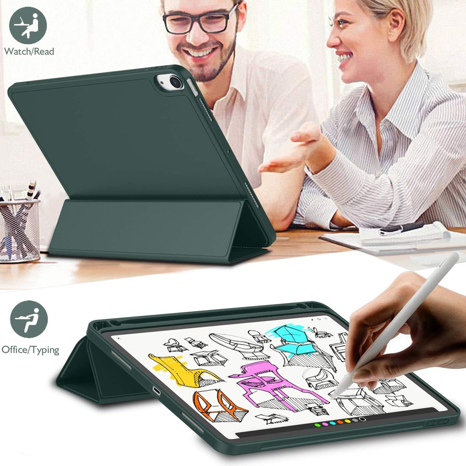 Husa pentru tableta AYSTOAYS®, compatibila cu iPad10 10.9 inch 2022, cu tava pentru stilouri, Tip carte, Silicon, cu functie auto wake/sleep, Verde inchis