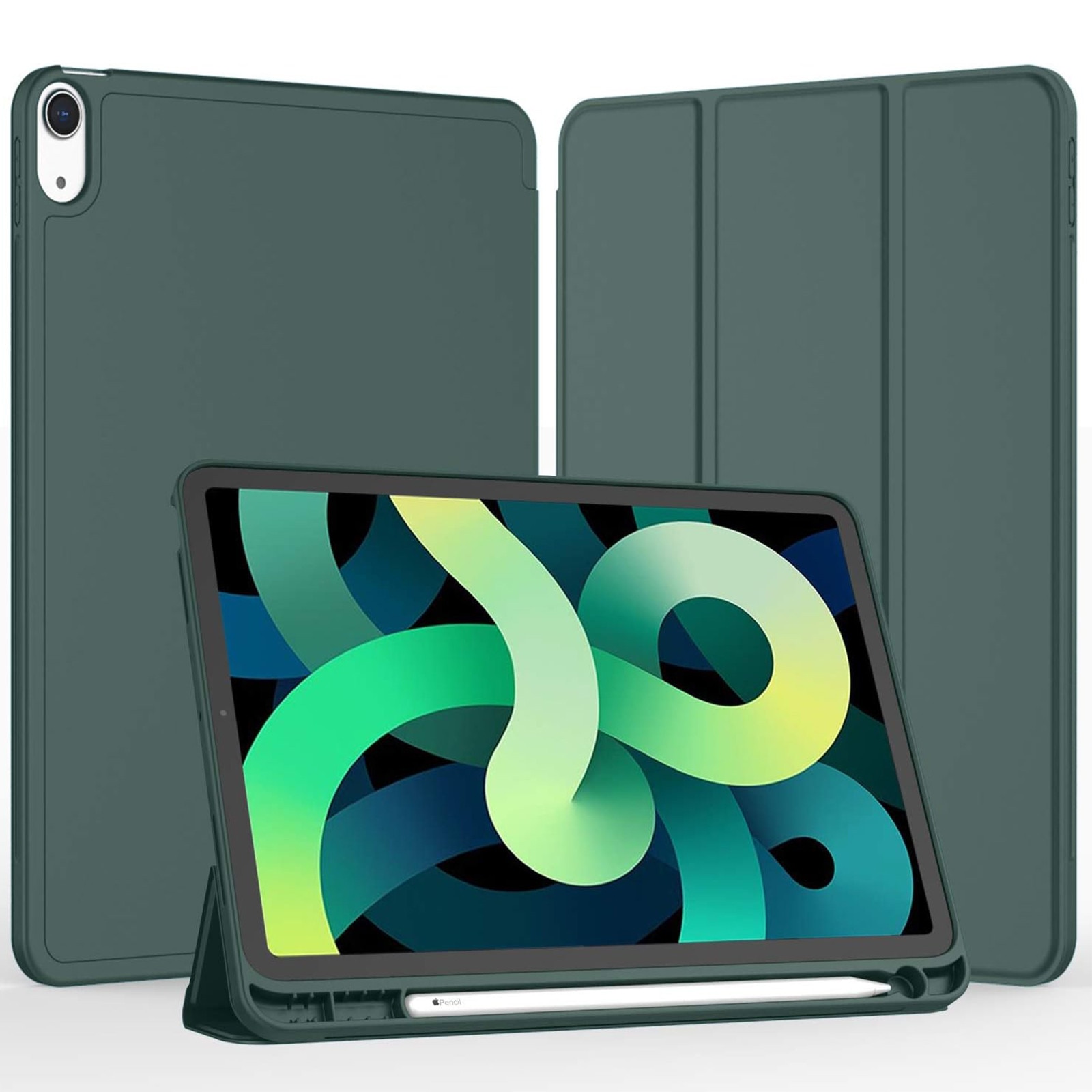 Husa pentru tableta AYSTOAYS®, compatibila cu iPad10 10.9 inch 2022, cu tava pentru stilouri, Tip carte, Silicon, cu functie auto wake/sleep, Verde inchis