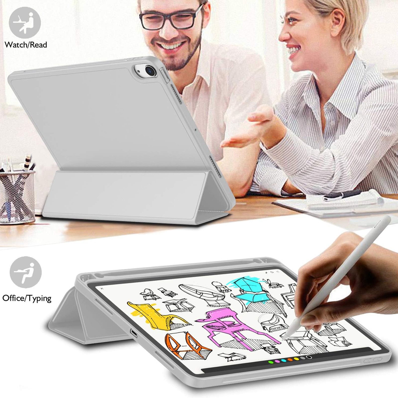 Husa pentru tableta AYSTOAYS®, compatibila cu iPad10 10.9 inch 2022, cu tava pentru stilouri, Tip carte, Silicon, cu functie auto wake/sleep, Gri