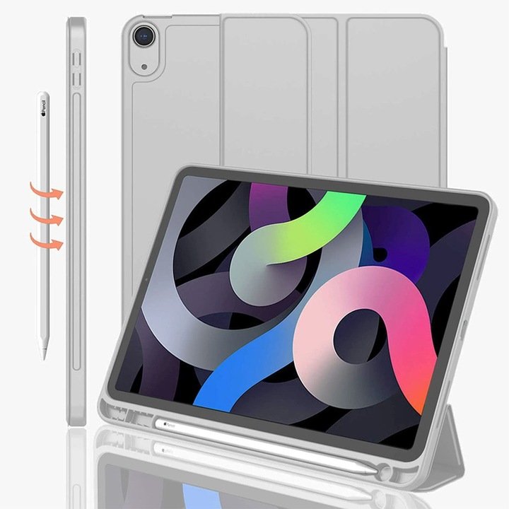 AYSTOAYS® tablettok, kompatibilis iPad10 10.9 hüvelykes 2022-es modellel, tolltartóval, könyvstílusú, szilikon, automatikus ébresztés/alvás funkcióval, szürke.