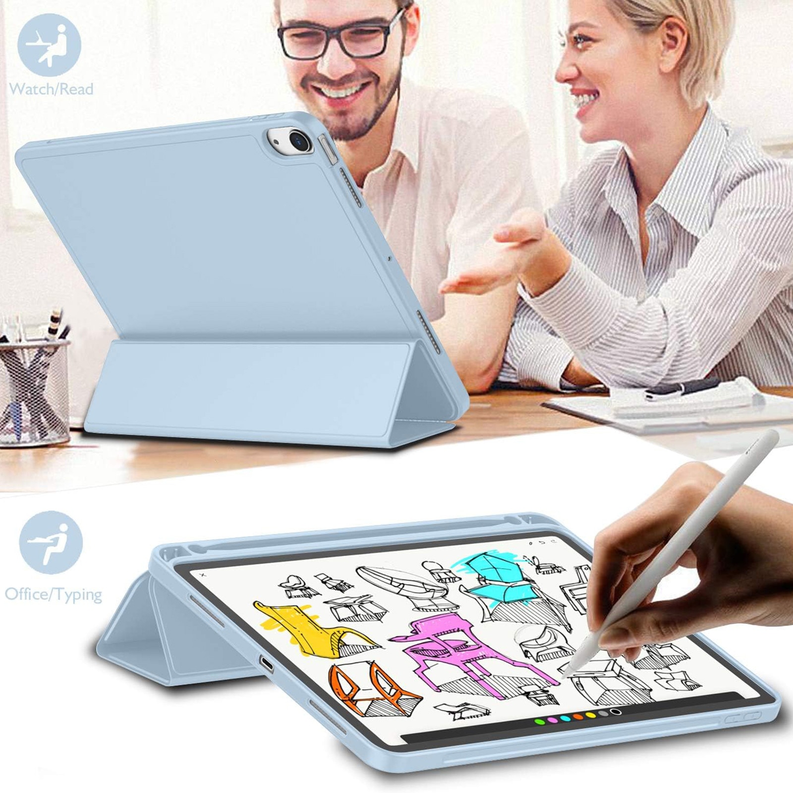 Husa pentru tableta AYSTOAYS®, compatibila cu iPad10 10.9 inch 2022, cu tava pentru stilouri, Tip carte, Silicon, cu functie auto wake/sleep, Albastru deschis