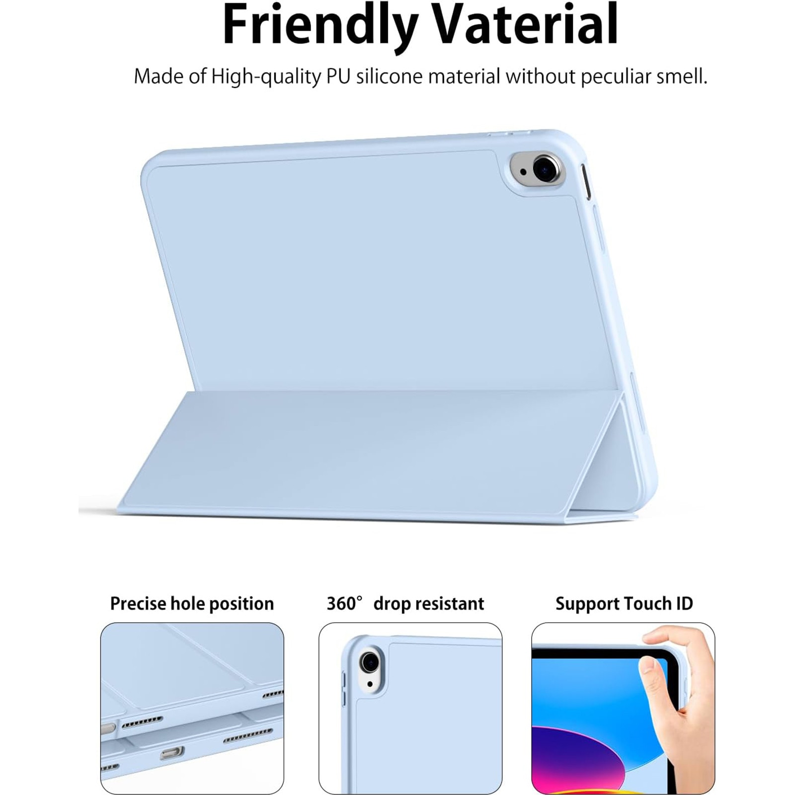 Husa pentru tableta AYSTOAYS®, compatibila cu iPad10 10.9 inch 2022, cu tava pentru stilouri, Tip carte, Silicon, cu functie auto wake/sleep, Albastru deschis