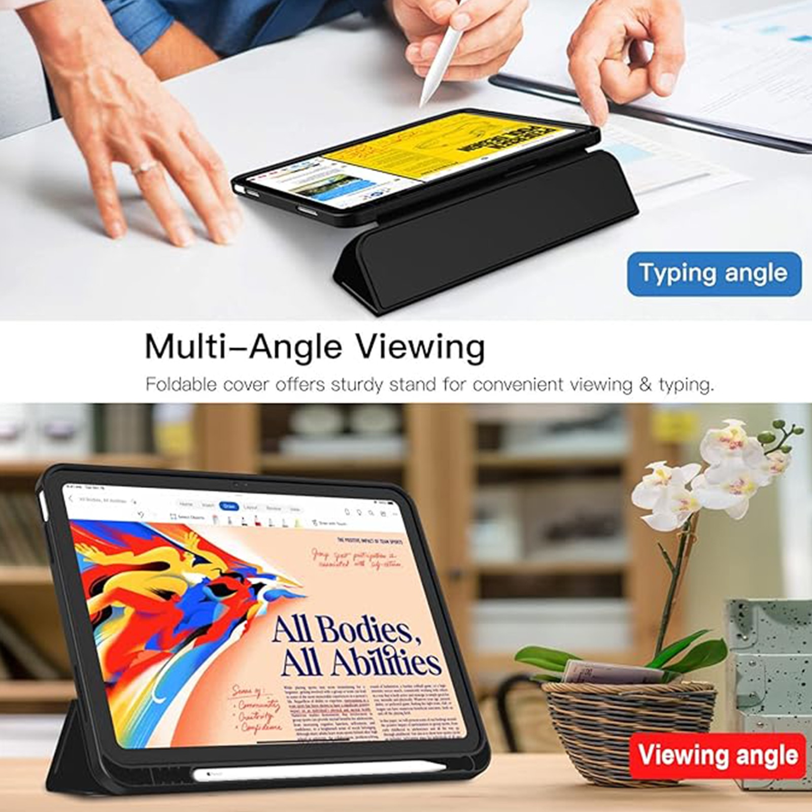 Husa pentru tableta AYSTOAYS®, compatibila cu iPad10 10.9 inch 2022, cu tava pentru stilouri, Tip carte, Silicon, cu functie auto wake/sleep, Negru