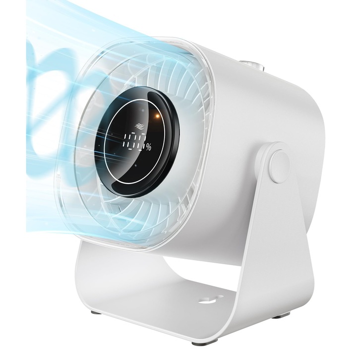 Вентилатор, 100-скоростен високоскоростен вентилатор, безшумен преносим вентилатор, интелигентен LED цифров дисплей, скорост 220 градуса, отлично охлаждане, монтаж на стена, бързо зареждане TYPE-C, 5000mAh, бял