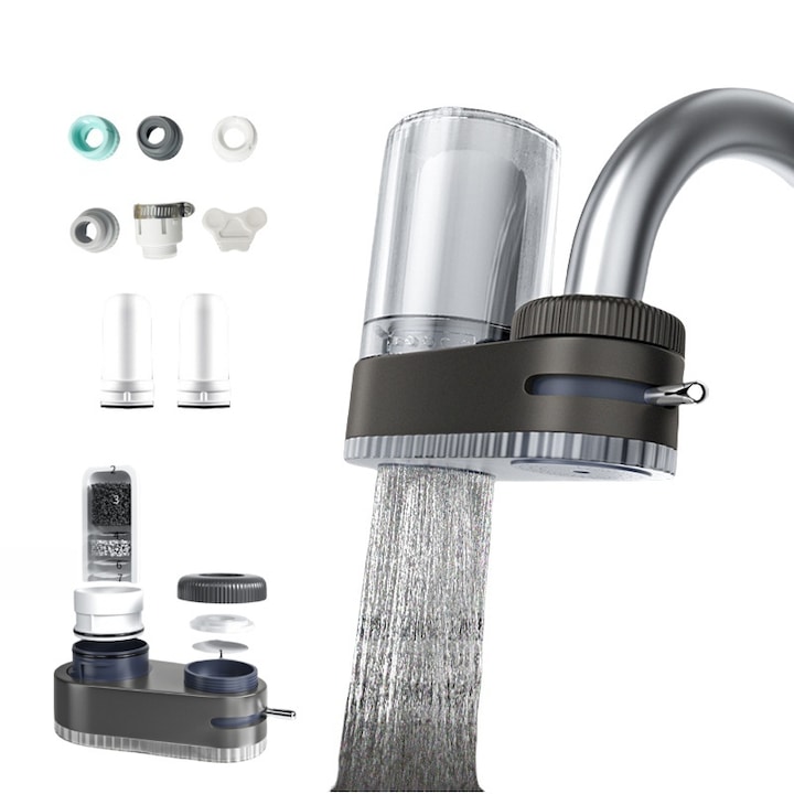 Ivóvízszűrő, mosogató csaptelepre szerelhető, víztisztító, eltávolítja a szennyeződéseket és a nehézfémeket, kemény vízhez is alkalmas, 2 szűrőbetétet tartalmaz, a szűrőbetétek újrafelhasználhatók, konyhai és háztartási használatra alkalmas